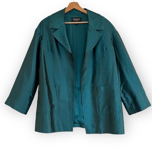ST. JOHN COUTURE Sharkskin Silk Wool Blend Teal Open Front Jacket Blazer Size 8 - Picture 1 of 10